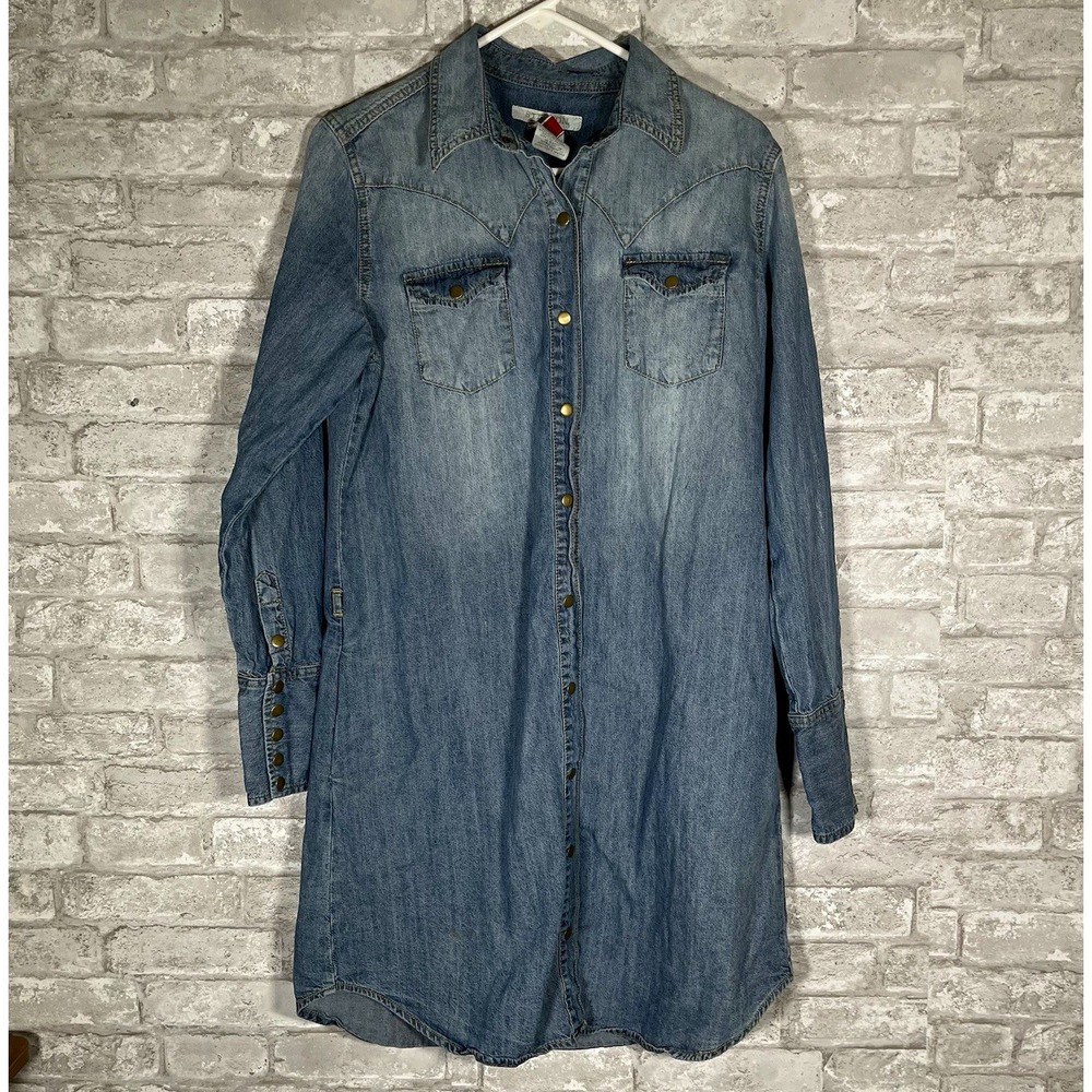 Stetson Women's Western Shirt dress Blue Snap Button Pockets Size L
